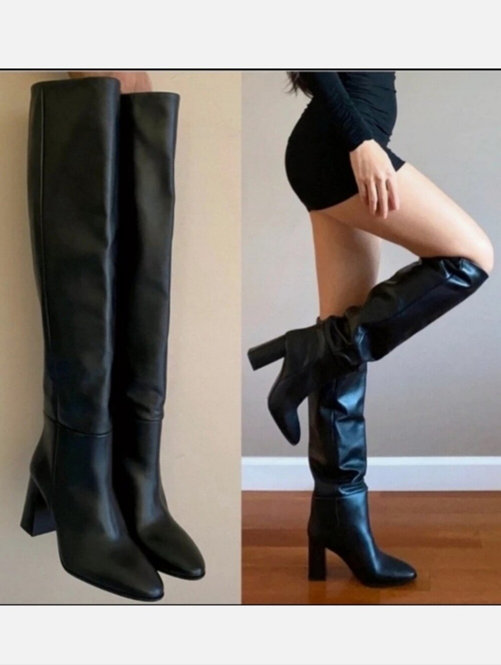 Zara heeled leather knee high boots black Size 37/6.5